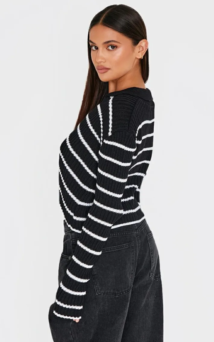 Monochrome Stripe Rib Knit V Neck Cropped Polo