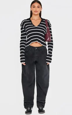 Monochrome Stripe Rib Knit V Neck Cropped Polo