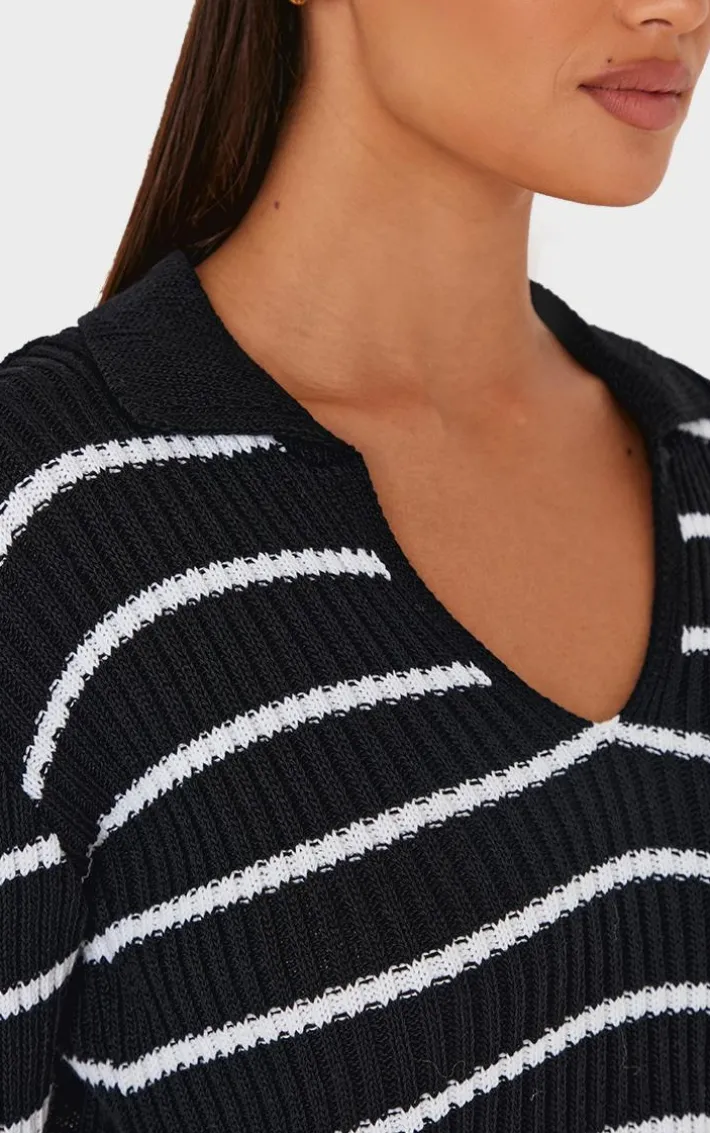 Monochrome Stripe Rib Knit V Neck Cropped Polo