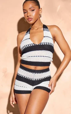 Monochrome Stripe Soft Knit Tie Neck Crop Top