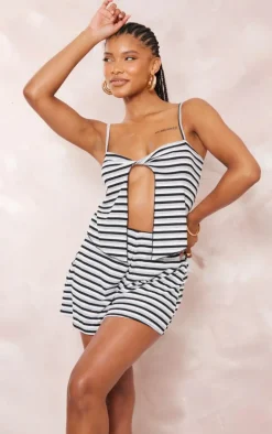 Monochrome Stripe Twist Bust Strappy Cut Out Romper