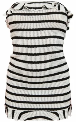 Monochrome Striped Bandeau Frill Hem Textured Bodycon Dress