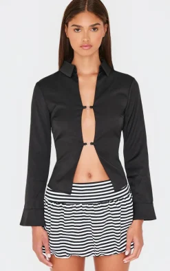 Monochrome Striped Print Crepe Puffball Mini Skirt