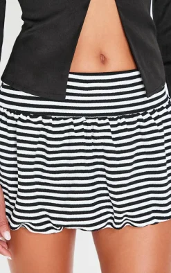 Monochrome Striped Print Crepe Puffball Mini Skirt
