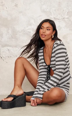 Monochrome Striped Textured Tie Front Long Sleeve Top