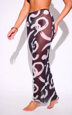 Monochrome Swirl Mesh Maxi Beach Skirt