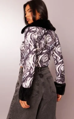 Monochrome Swirl Print Faux Fur Zip Up Knit Cardigan