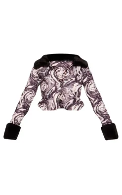 Monochrome Swirl Print Faux Fur Zip Up Knit Cardigan