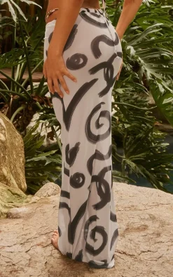 Monochrome Swirl Print Mesh Maxi Beach Skirt