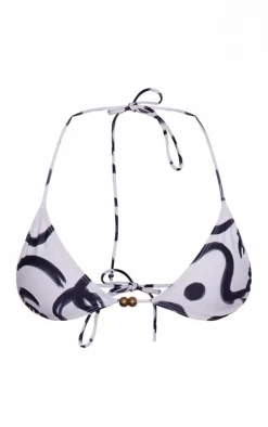 Monochrome Swirl Print Triangle Bead Detail Bikini Top