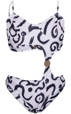 Monochrome Swirl Print Underwired Cut Out Swimsuit