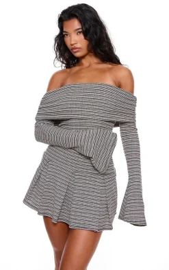 Monochrome Textured Bardot Flared Sleeve Shift Dress