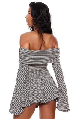 Monochrome Textured Bardot Flared Sleeve Shift Dress