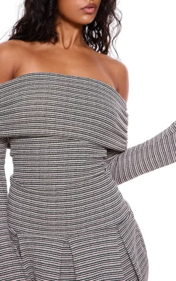 Monochrome Textured Bardot Flared Sleeve Shift Dress