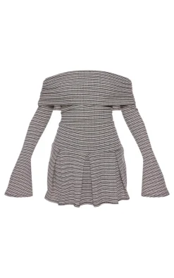 Monochrome Textured Bardot Flared Sleeve Shift Dress