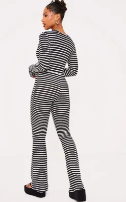 Monochrome Textured Stripe Plunge Wide Leg Jumpsuit