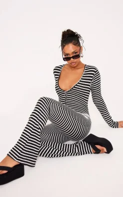 Monochrome Textured Stripe Plunge Wide Leg Jumpsuit