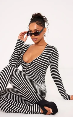 Monochrome Textured Stripe Plunge Wide Leg Jumpsuit