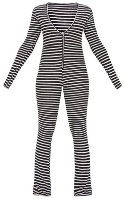 Monochrome Textured Stripe Plunge Wide Leg Jumpsuit