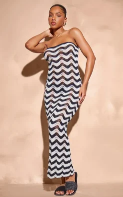 Monochrome Wave Knit Bandeau Maxi Dress