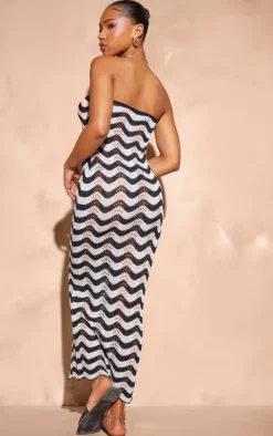 Monochrome Wave Knit Bandeau Maxi Dress