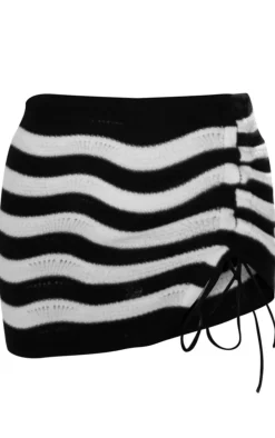 Monochrome Wave Knit Side Tie Mini Skirt