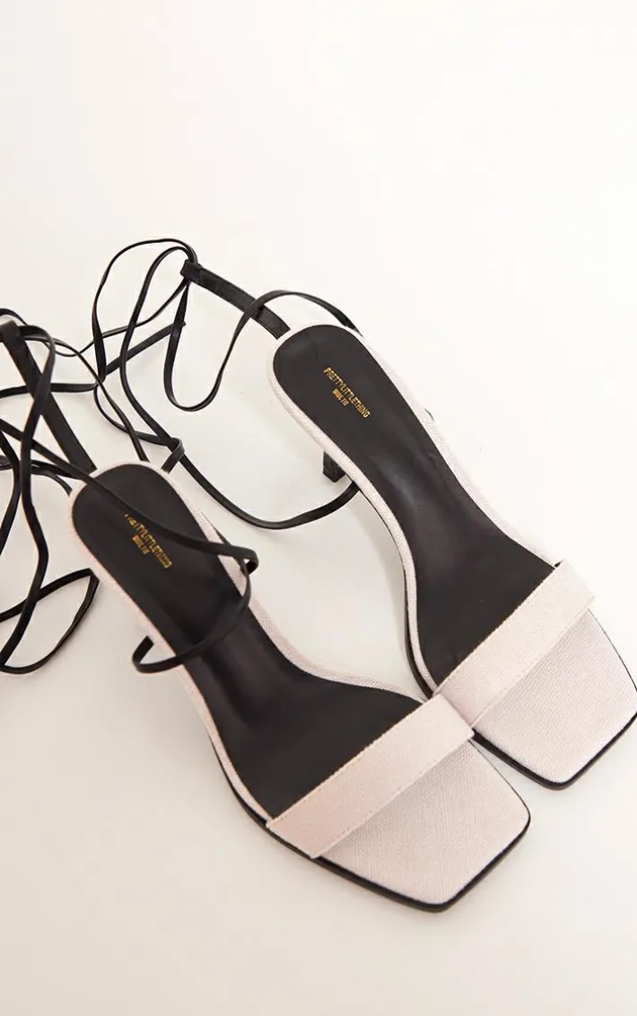 Monochrome Wide Fit Square Toe Contrast Lace Up Mid Heeled Sandals