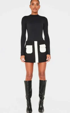 Monochrome Wool Look Contrast Detail A Line Mini Skirt