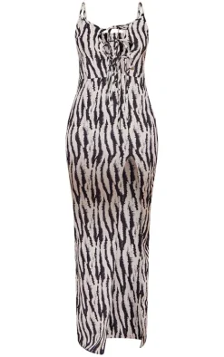 Monochrome Zebra Print Asymmetric Tie Strappy Midaxi Dress
