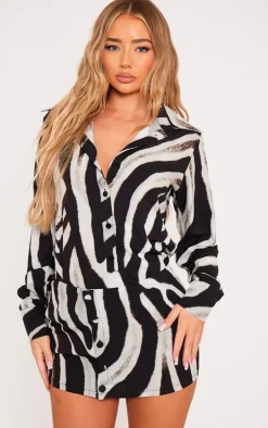 Monochrome Zebra Print Button Skirt Detail Bodycon Dress