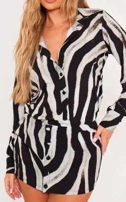 Monochrome Zebra Print Button Skirt Detail Bodycon Dress