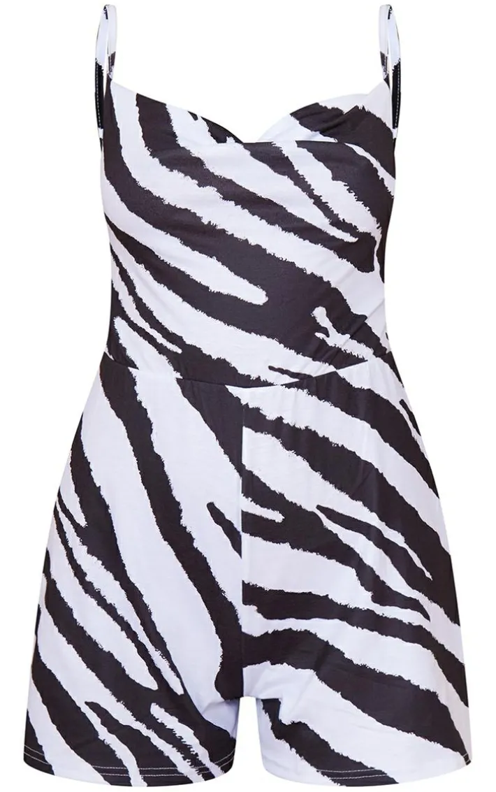 Monochrome Zebra Print Cowl Neck Romper