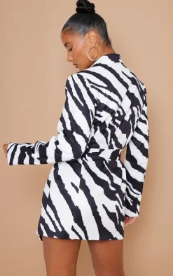 Monochrome Zebra Print Structured Tie Waist Blazer Dress