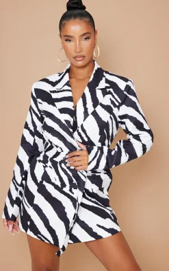 Monochrome Zebra Print Structured Tie Waist Blazer Dress