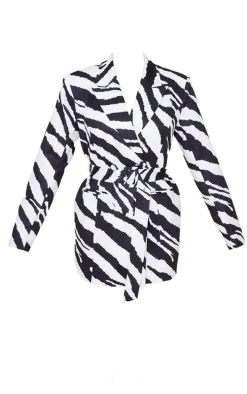 Monochrome Zebra Print Structured Tie Waist Blazer Dress