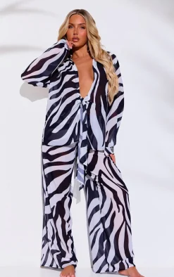 Monochrome Zebra Print Wide Leg Beach Pants