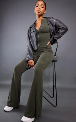 Moss Khaki Two Tone Rib High Waist Flares