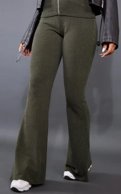 Moss Khaki Two Tone Rib High Waist Flares