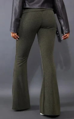 Moss Khaki Two Tone Rib High Waist Flares