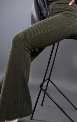 Moss Khaki Two Tone Rib High Waist Flares