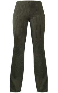 Moss Khaki Two Tone Rib High Waist Flares