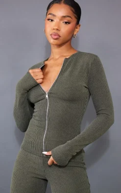 Moss Khaki Two Tone Rib Longline Zip Up Top