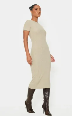 Moss Sand Ribbed Short Sleeve Crew Neck Midi Dress