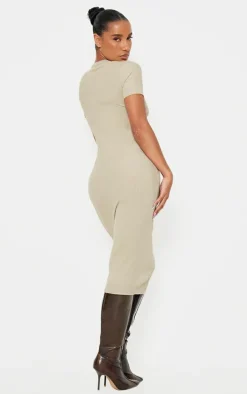 Moss Sand Ribbed Short Sleeve Crew Neck Midi Dress