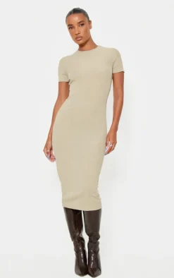 Moss Sand Ribbed Short Sleeve Crew Neck Midi Dress