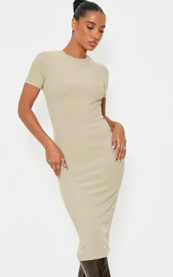 Moss Sand Ribbed Short Sleeve Crew Neck Midi Dress