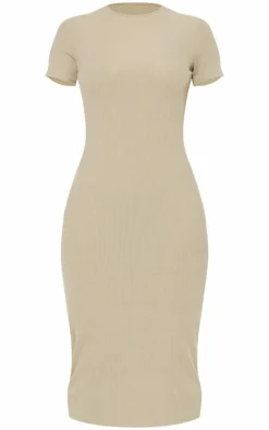 Moss Sand Ribbed Short Sleeve Crew Neck Midi Dress