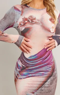 Multi Abstract Body Print Long Sleeve Midaxi Dress