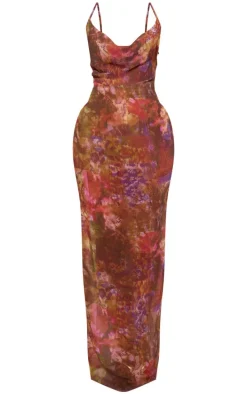 Multi Abstract Floral Print Sheer Chiffon Lace Up Back Maxi Dress