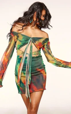 Multi Abstract Flower Printed Mesh Cut Out Mini Dress